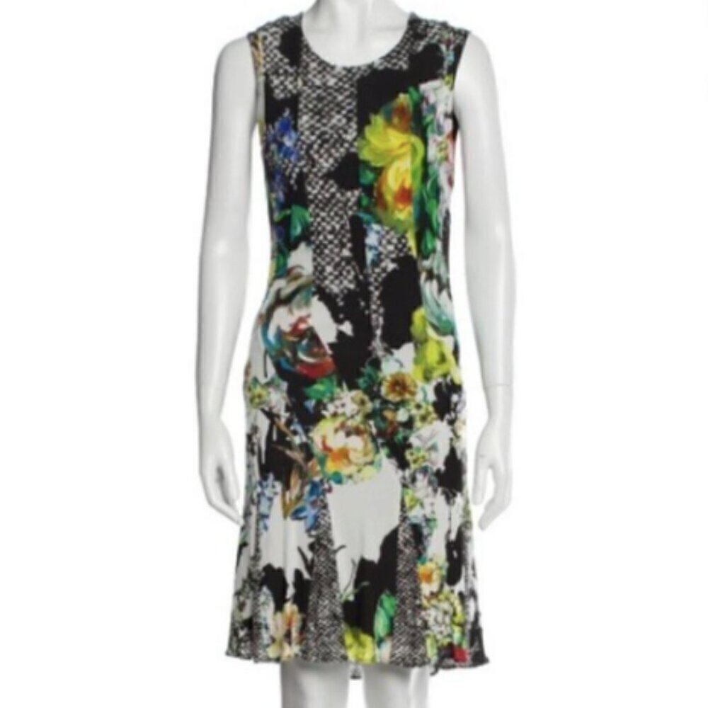 Roberto Cavalli Mixed Print Floral Foliage Sheath Dress